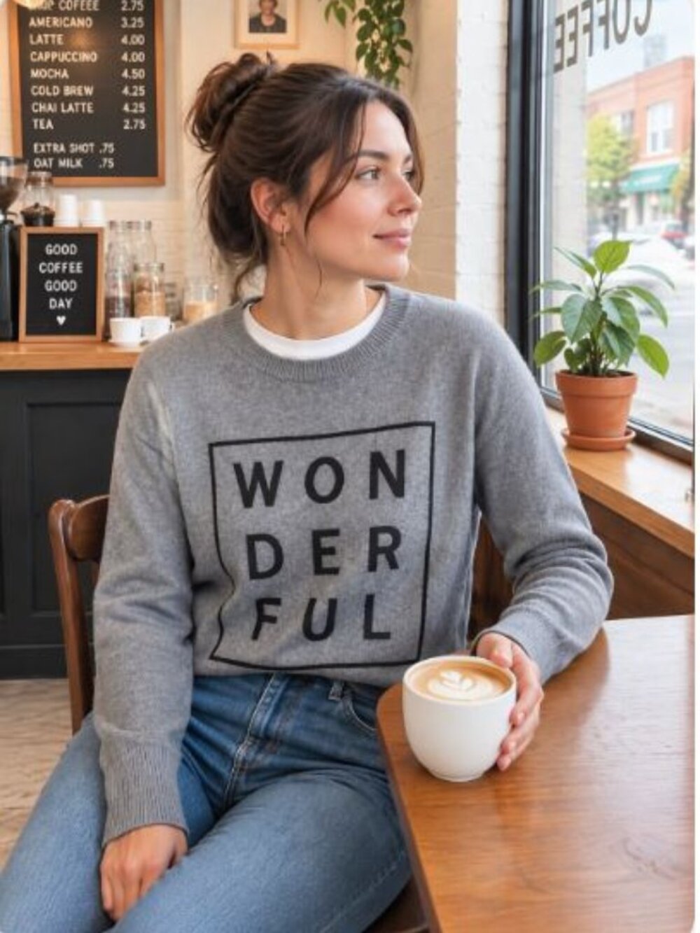 💕 HALOGEN Gray WONDERFUL Crewneck Knit Sweater with Black Graphic ✨